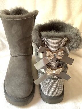 Gray Blingy Rhinestone Custom Sheepskin Winter Boots with Bows Size 10-10.5
